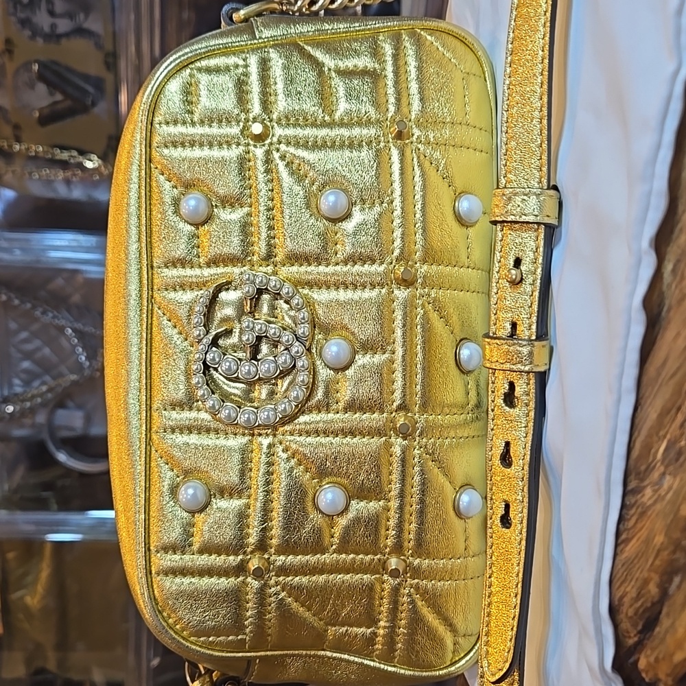 GUCCI Shoulder Bag GG Marmont Leather Faux Pearl Gold 447632  - COA Included - Picture 3 of 16